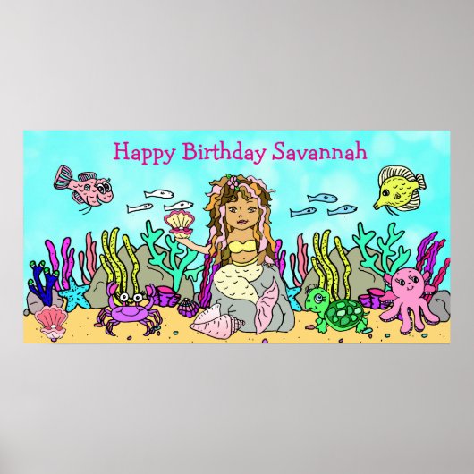 Gepersonaliseerd Happy Birthday Mermaid Poster (Voorkant)