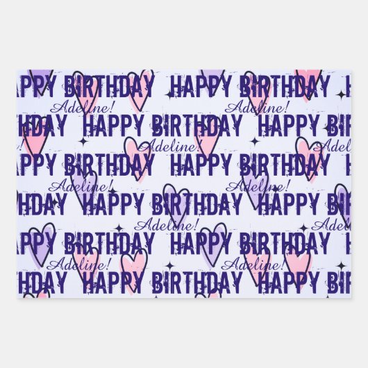 Gepersonaliseerd Happy Birthday roze en Paarse har Inpakpapier Vel (Voorkant 3)