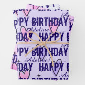 Gepersonaliseerd Happy Birthday roze en Paarse har Inpakpapier Vel (In situ)