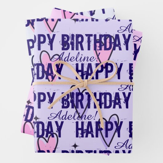 Gepersonaliseerd Happy Birthday roze en Paarse har Inpakpapier Vel (In situ)