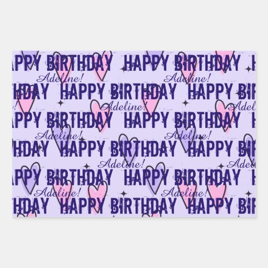 Gepersonaliseerd Happy Birthday roze en Paarse har Inpakpapier Vel (Voorkant)