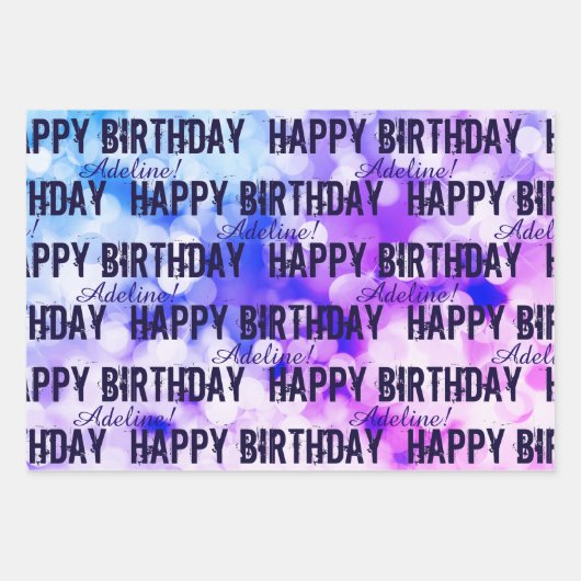Gepersonaliseerd Happy Birthday roze, Paarse blauw Inpakpapier Vel (Voorkant 3)