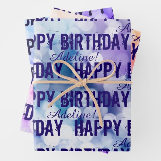 Gepersonaliseerd Happy Birthday roze, Paarse blauw Inpakpapier Vel (In situ)