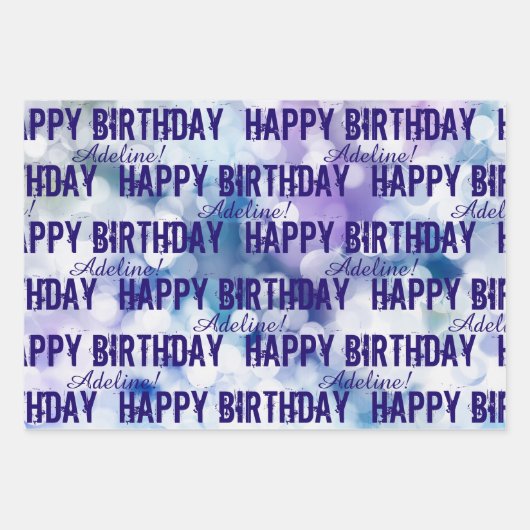 Gepersonaliseerd Happy Birthday roze, Paarse blauw Inpakpapier Vel (Voorkant)