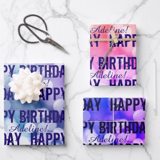 Gepersonaliseerd Happy Birthday roze, Paarse blauw Inpakpapier Vel (Voorkant)