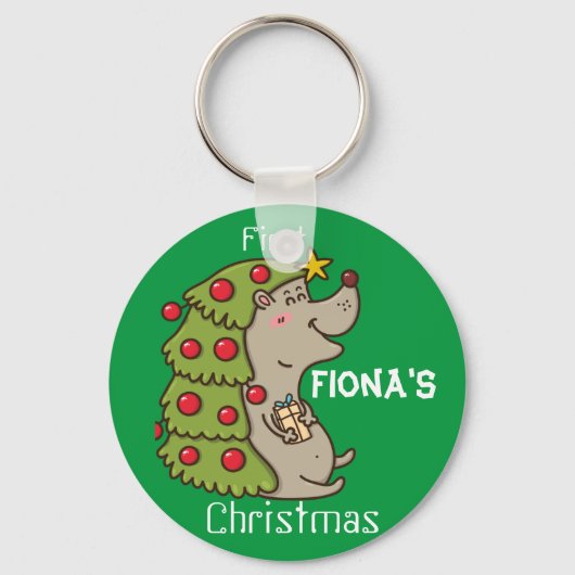 Gepersonaliseerd Happy & Cute Egel-kerstthema Sleutelhanger (Voorkant)