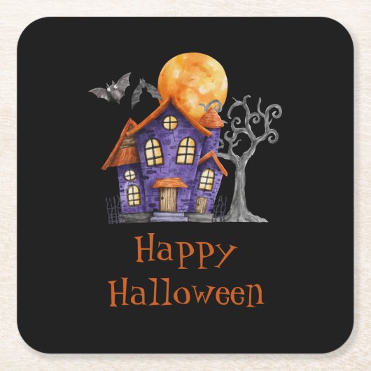 Gepersonaliseerd Happy Halloween Haunted House Kartonnen Onderzetters (Voorkant)