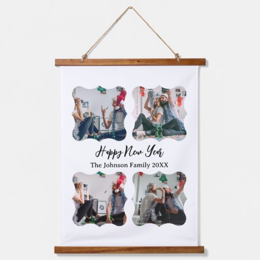 Gepersonaliseerd Happy Nieuwjaar script 4 collage Hangend Wandkleed (Voorkant)