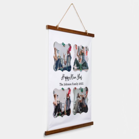 Gepersonaliseerd Happy Nieuwjaar script 4 collage Hangend Wandkleed (Gebogen)