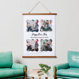 Gepersonaliseerd Happy Nieuwjaar script 4 collage  Hangend Wandkleed