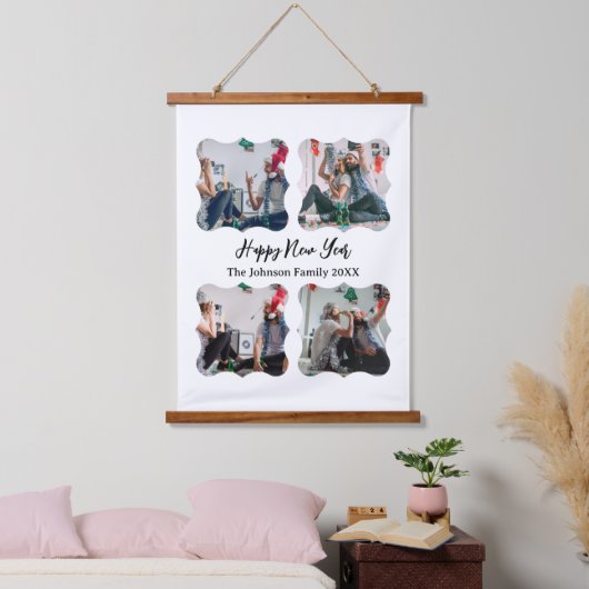 Gepersonaliseerd Happy Nieuwjaar script 4 collage Hangend Wandkleed (Slaapkamer)