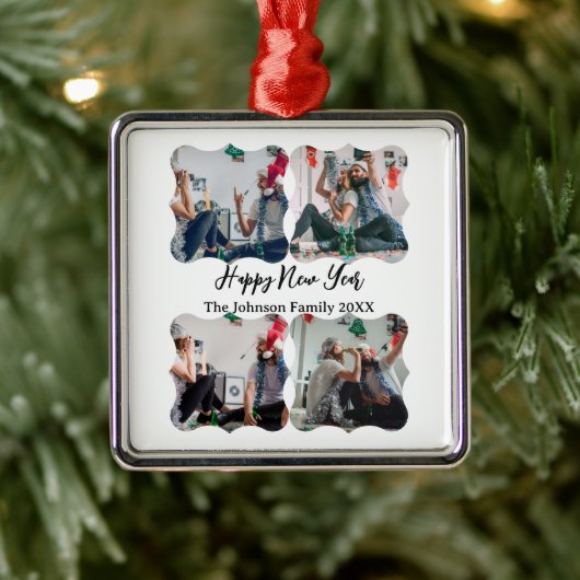 Gepersonaliseerd Happy Nieuwjaar script 4 collage Metalen Ornament (Boom)