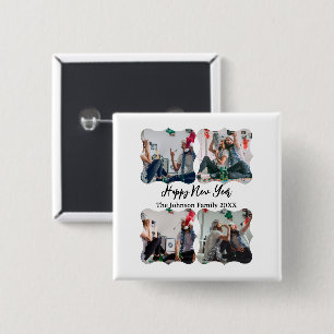 Gepersonaliseerd Happy Nieuwjaar script 4 collage  Vierkante Button 5,1 Cm