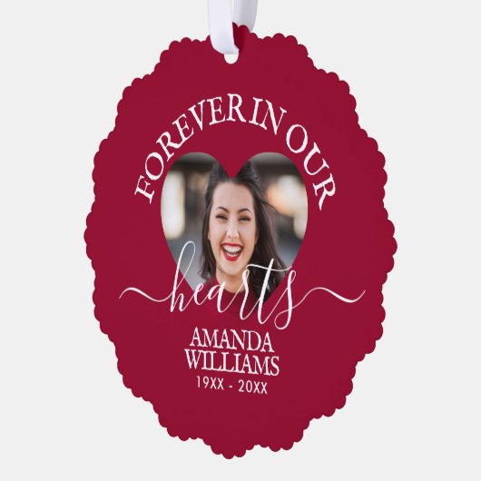 Gepersonaliseerd Hart Foto Memorial Script Ornament Kaart (Links)