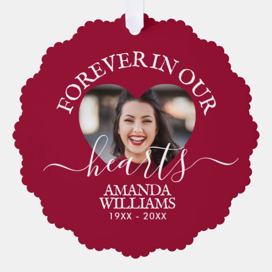 Gepersonaliseerd Hart Foto Memorial Script Ornament Kaart (Voorkant)