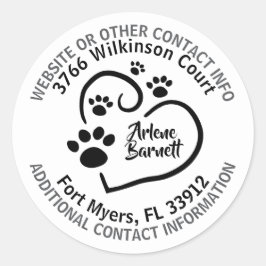 Gepersonaliseerd Hart met Paw Prints & Contact Inf Ronde Sticker