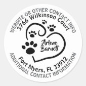 Gepersonaliseerd Hart met Paw Prints & Contact Inf Ronde Sticker (Voorkant)