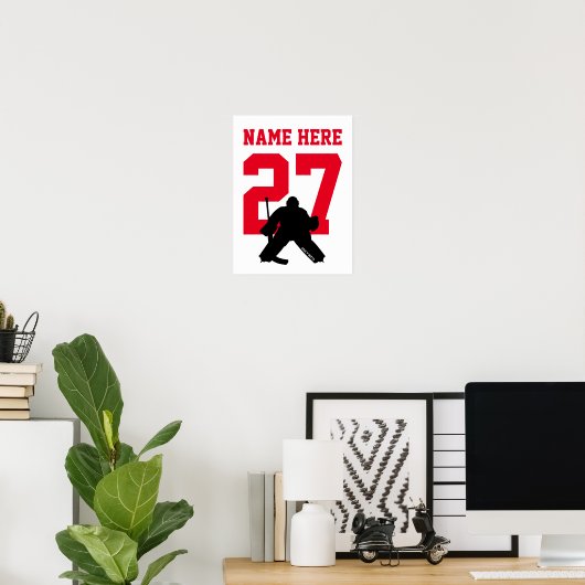 Gepersonaliseerd Hockey Goalie Player Number Red Poster (Thuiskantoor)