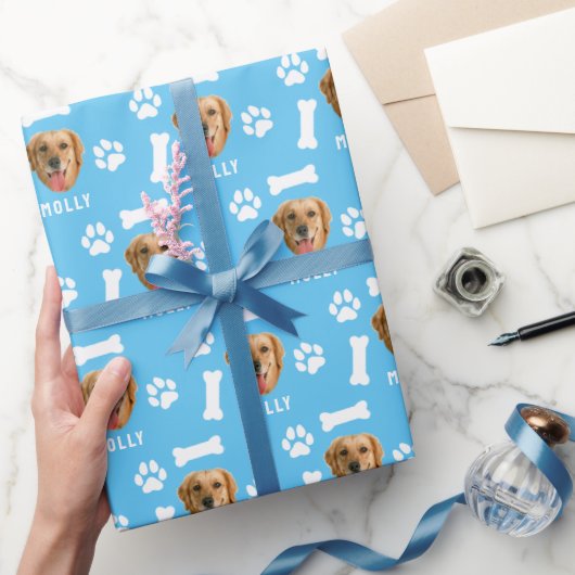 Gepersonaliseerd hond huisdier foto & naam blauw cadeaupapier (Geschenken)