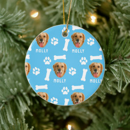 Gepersonaliseerd hond huisdier foto & naam blauw keramisch ornament