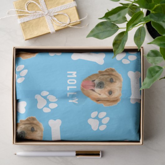 Gepersonaliseerd hond huisdier foto & naam blauw tissuepapier (Geschenk)