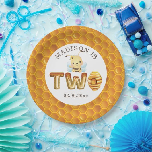 Gepersonaliseerd Honey Bee Tweede Verjaardag Papie Papieren Bordje (Feest)
