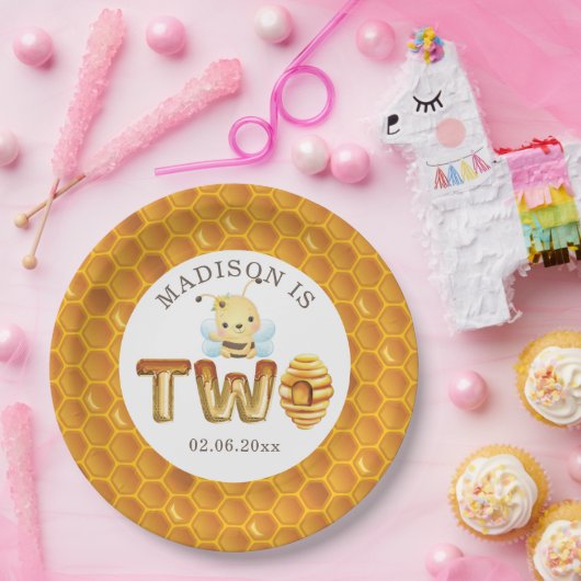 Gepersonaliseerd Honey Bee Tweede Verjaardag Papie Papieren Bordje (Feest)