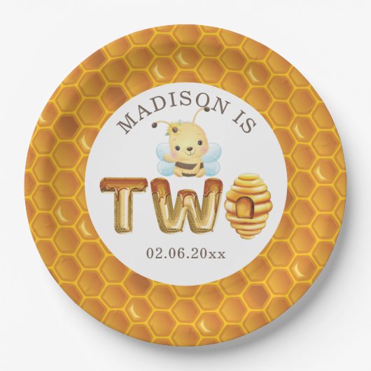 Gepersonaliseerd Honey Bee Tweede Verjaardag Papie Papieren Bordje (Voorkant)