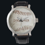 Gepersonaliseerd  honkbal horloge<br><div class="desc">Een foto van een versleten honkbal biedt de achtergrond voor dit gepersonaliseerde horloge,  met een aanpasbare naam in een gedempte lettersoort in een schaduw van roodachtig bruin die aansluit bij de naaichting. Ideaal voor een honkbal- of sportfan op je cadeaulijst.</div>