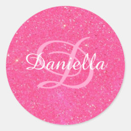 Gepersonaliseerd Hot Pink Faux Glitter Monogram Ronde Sticker
