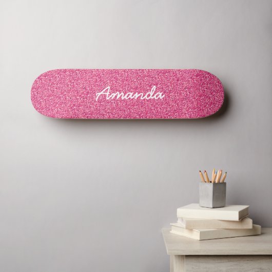 Gepersonaliseerd Hot Pink Glitter skateboard (Muurkunst (Horizontaal))