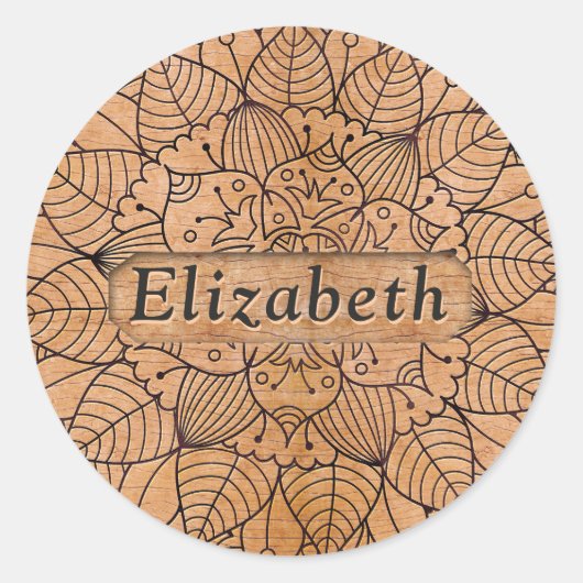 Gepersonaliseerd hout Floral Mandala Ronde Sticker (Voorkant)