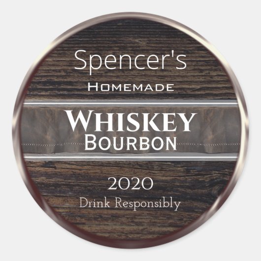 Gepersonaliseerd hout, metaal en leder ronde sticker (Voorkant)