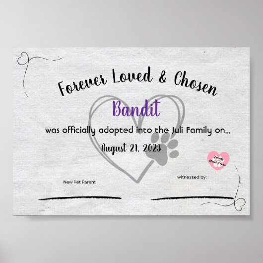 Gepersonaliseerd huisdieradoptiecertificaat poster (Voorkant)