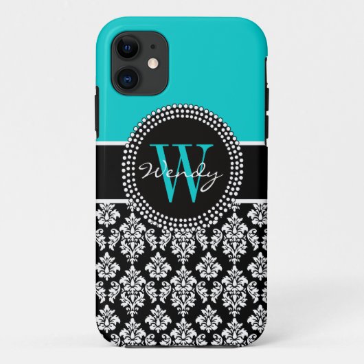 Gepersonaliseerd Initiaal Aqua Black Damaspatroon Case-Mate iPhone Case (Achterkant)
