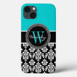 Gepersonaliseerd Initiaal Aqua Black Damaspatroon iPhone 13 Hoesje