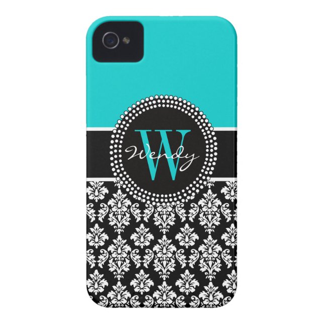 Gepersonaliseerd Initiaal Aqua Black Damaspatroon Case-Mate iPhone Case (Achterkant)