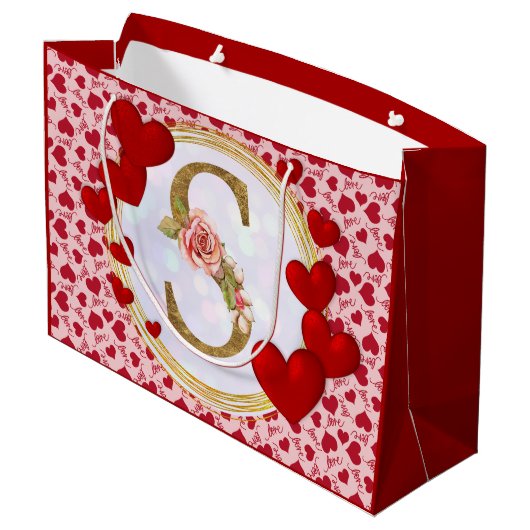 Gepersonaliseerd Initiaal Bloemmonogram en Rode Ha Groot Cadeauzakje (Achterkant Gekanteld)