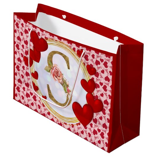 Gepersonaliseerd Initiaal Bloemmonogram en Rode Ha Groot Cadeauzakje (Voorkant Gekanteld)