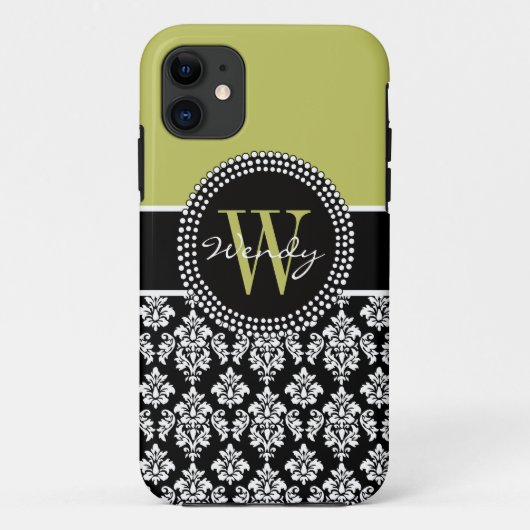 Gepersonaliseerd Initiaal Green Black Damask Hoesj Case-Mate iPhone Case (Achterkant)
