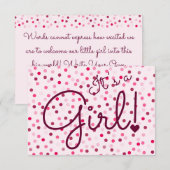 Gepersonaliseerd is een meisje! Kaart roze poladot (Voorkant / Achterkant)