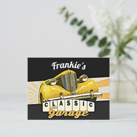 Gepersonaliseerd | JOUW NAAM | Klassieke autogarag Briefkaart (Staand voorkant)