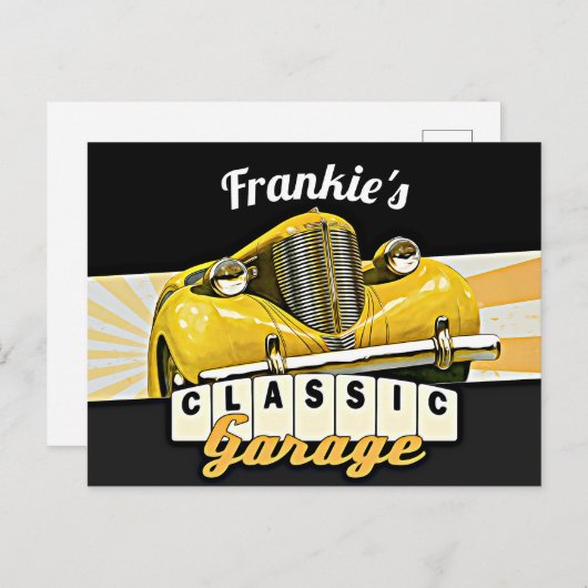 Gepersonaliseerd | JOUW NAAM | Klassieke autogarag Briefkaart (Voorkant / Achterkant)