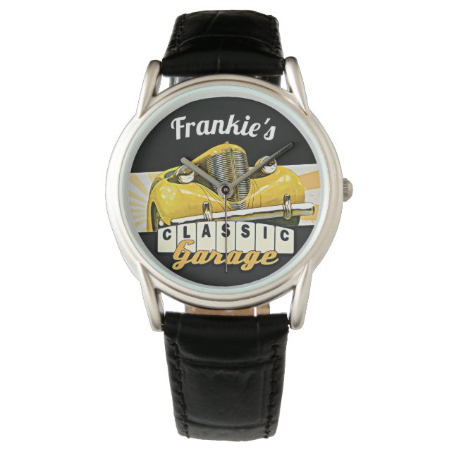 Gepersonaliseerd | JOUW NAAM | Klassieke autogarag Horloge (Voorkant)