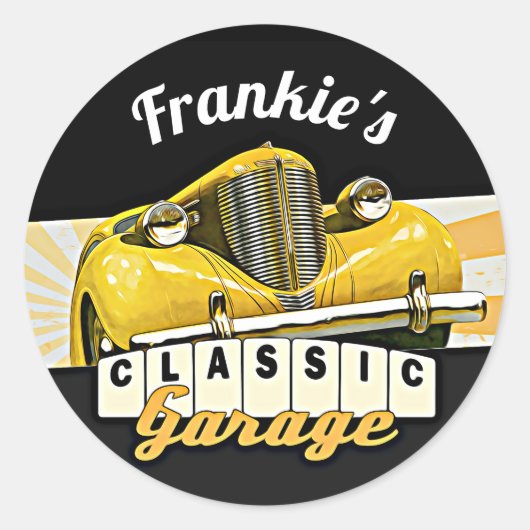Gepersonaliseerd | JOUW NAAM | Klassieke autogarag Ronde Sticker (Voorkant)
