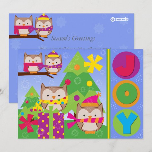 Gepersonaliseerd Joyful Winter Owls Holiday Kaart (Voorkant / Achterkant)