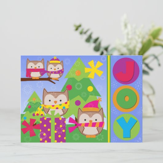 Gepersonaliseerd Joyful Winter Owls Holiday Kaart (Staand voorkant)