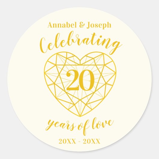 Gepersonaliseerd jubileum 20 jaar gouden diamant ronde sticker (Voorkant)