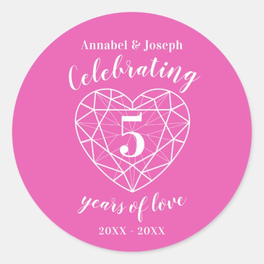 Gepersonaliseerd jubileum 5 jaar roze toermalijn ronde sticker (Voorkant)