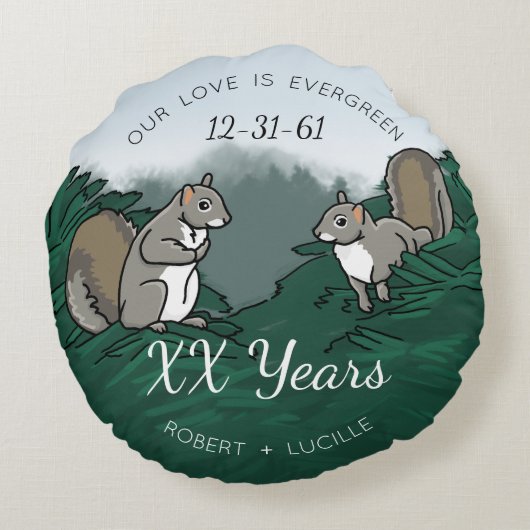 Gepersonaliseerd Jubileum Evergreen Love Eekhoorns Rond Kussen (Achterkant)